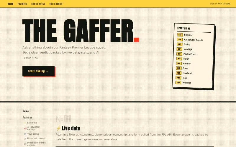 The Gaffer landing page with a starting XI card